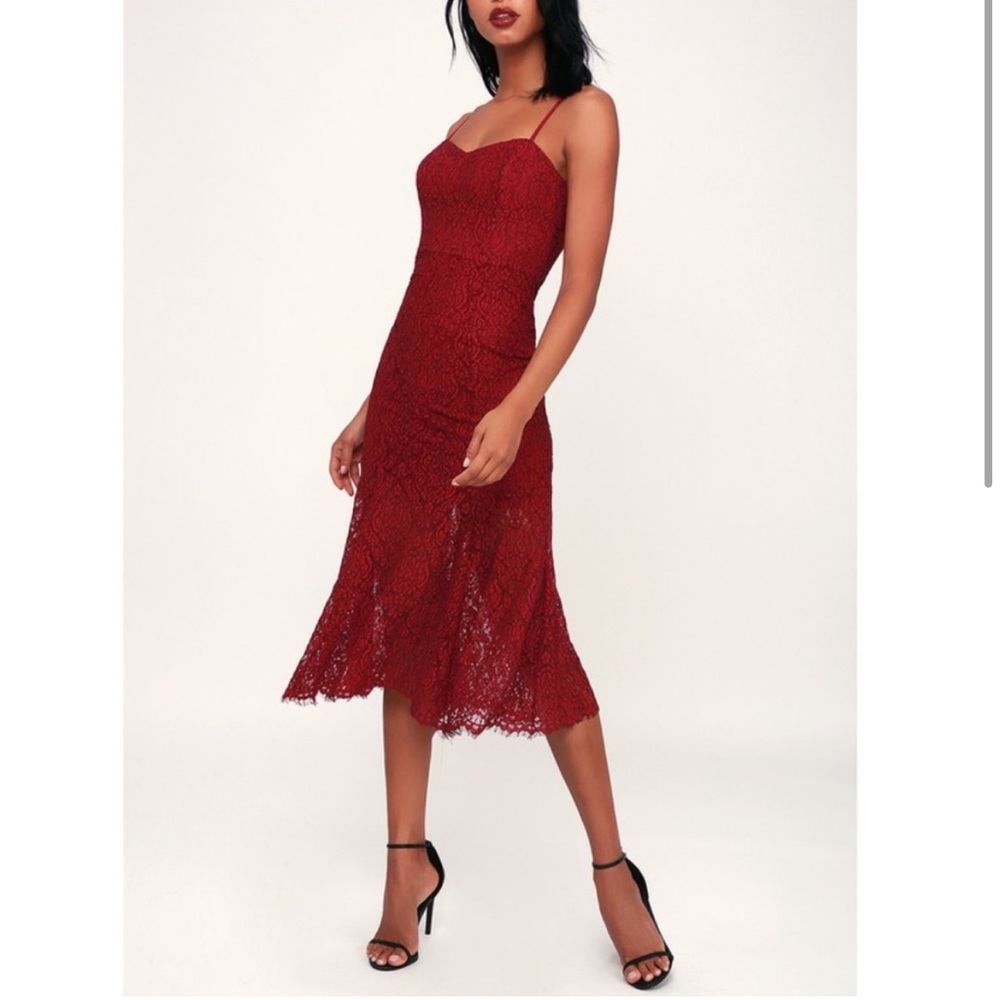 Lulu’s 4si3nna Gypsy Rose Wine Red Lace Midi Dress